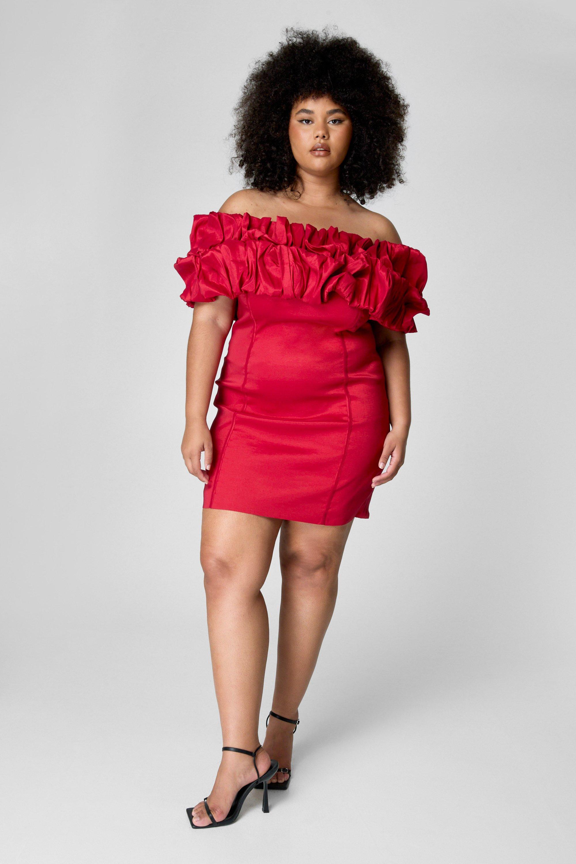 Plus Taffeta Ruched Bardot Mini Dress